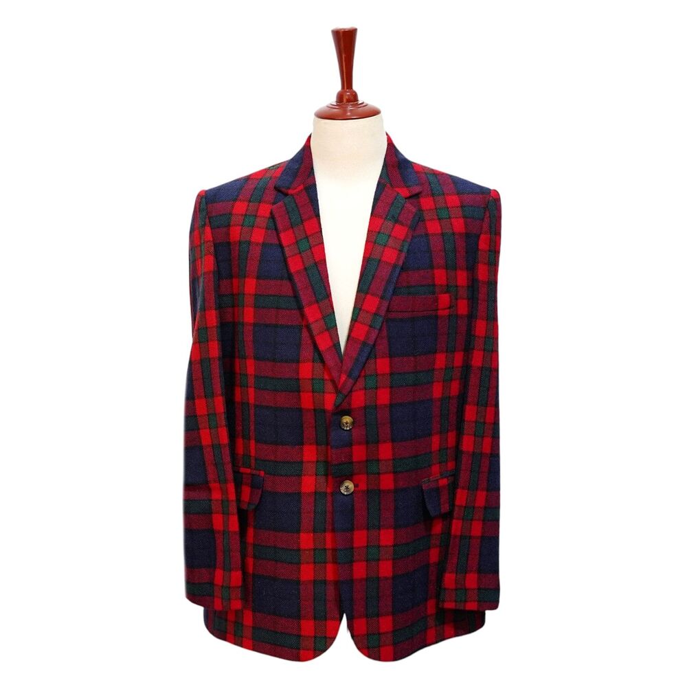 Mens Wool Sport Coat 44R Red Blue Green Tartan Plaid Blazer 2 Button Wedding